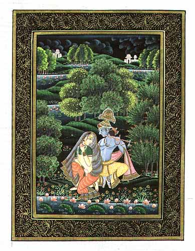 Seidenmalerei Krishna und Radha