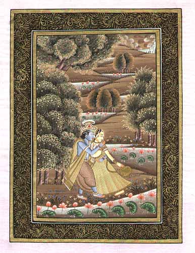 Seidenmalerei Krishna und Radha
